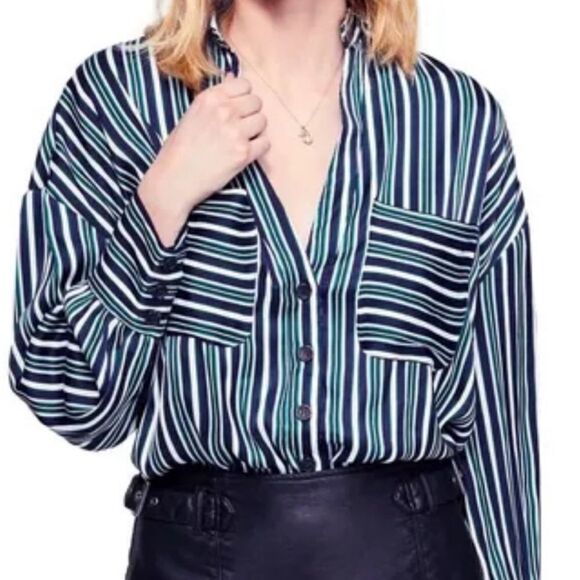 Free People womans mad about you striped silky blouse oversized - S - Picture 1 of 5